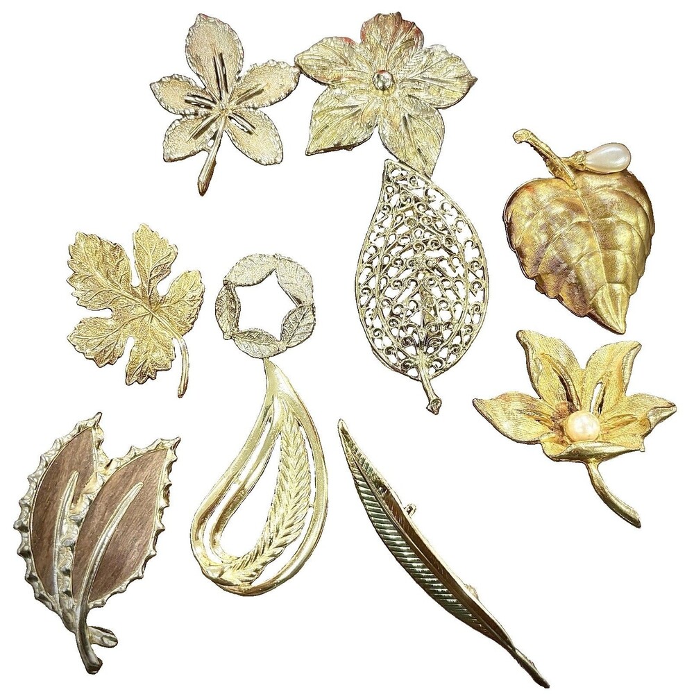 Vintage Gold Floral Leaf 10 Brooch Lot Botanical Mid Century Estate Collection
